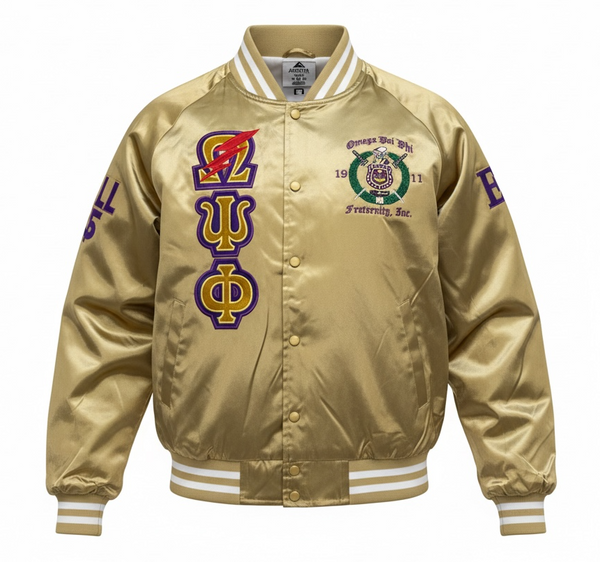 Omega Psi Phi Satin Embroidered Bomber Jacket