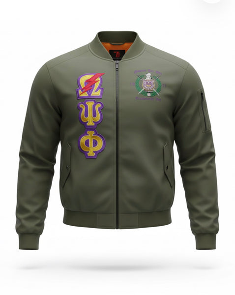 Customized Omega Psi Phi Olive, Green Embroidered Bomber Jacket