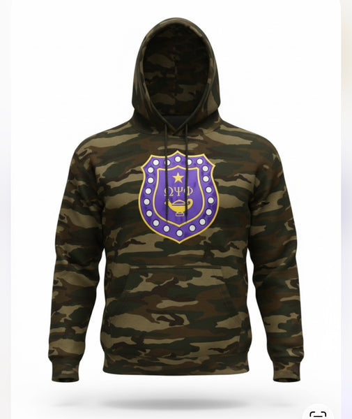 Omega  Psi Phi Camouflage Embroidered Hoodie