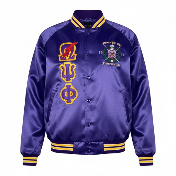 Omega Psi Phi Satin Embroidered Bomber Jacket