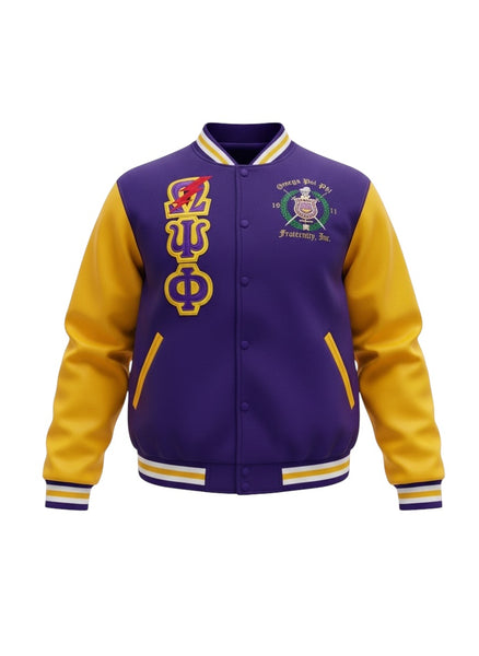 Omega Psi Phi Embroidered ￼ Purple and Gold Lightning Bolt with White trim Varsity Jacket
