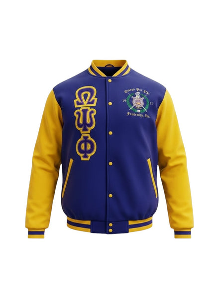 Omega Psi Phi Embroidered  Purple and Gold Varsity Jacket