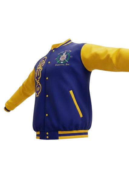 Omega Psi Phi Embroidered  Purple and Gold Varsity Jacket