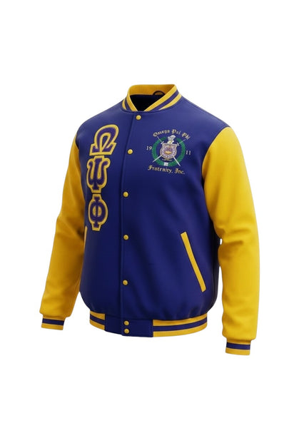 Omega Psi Phi Embroidered  Purple and Gold Varsity Jacket