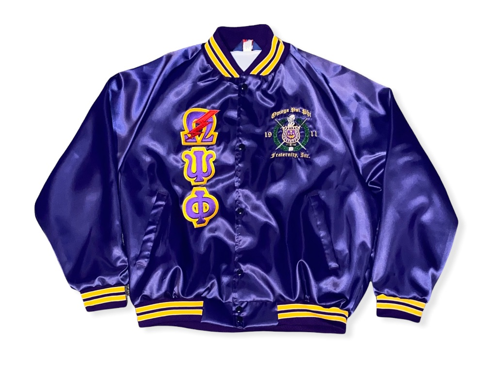 Omega Psi Phi Satin Embroidered Bomber Jacket Peyley Designs